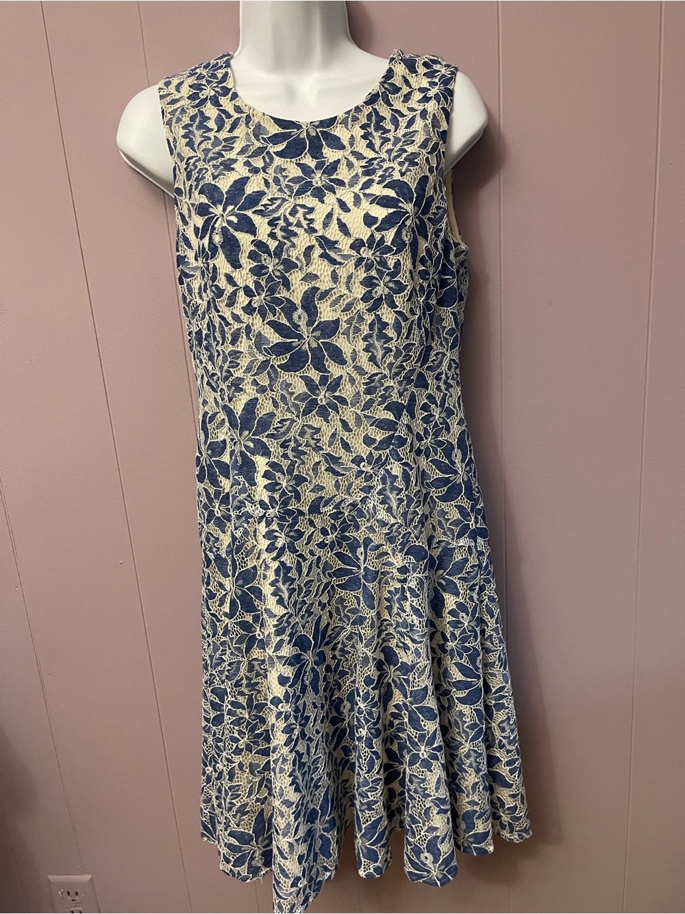 Tommy Hilfiger Blue and Cream Floral Lace Fit-and-Flare Dress